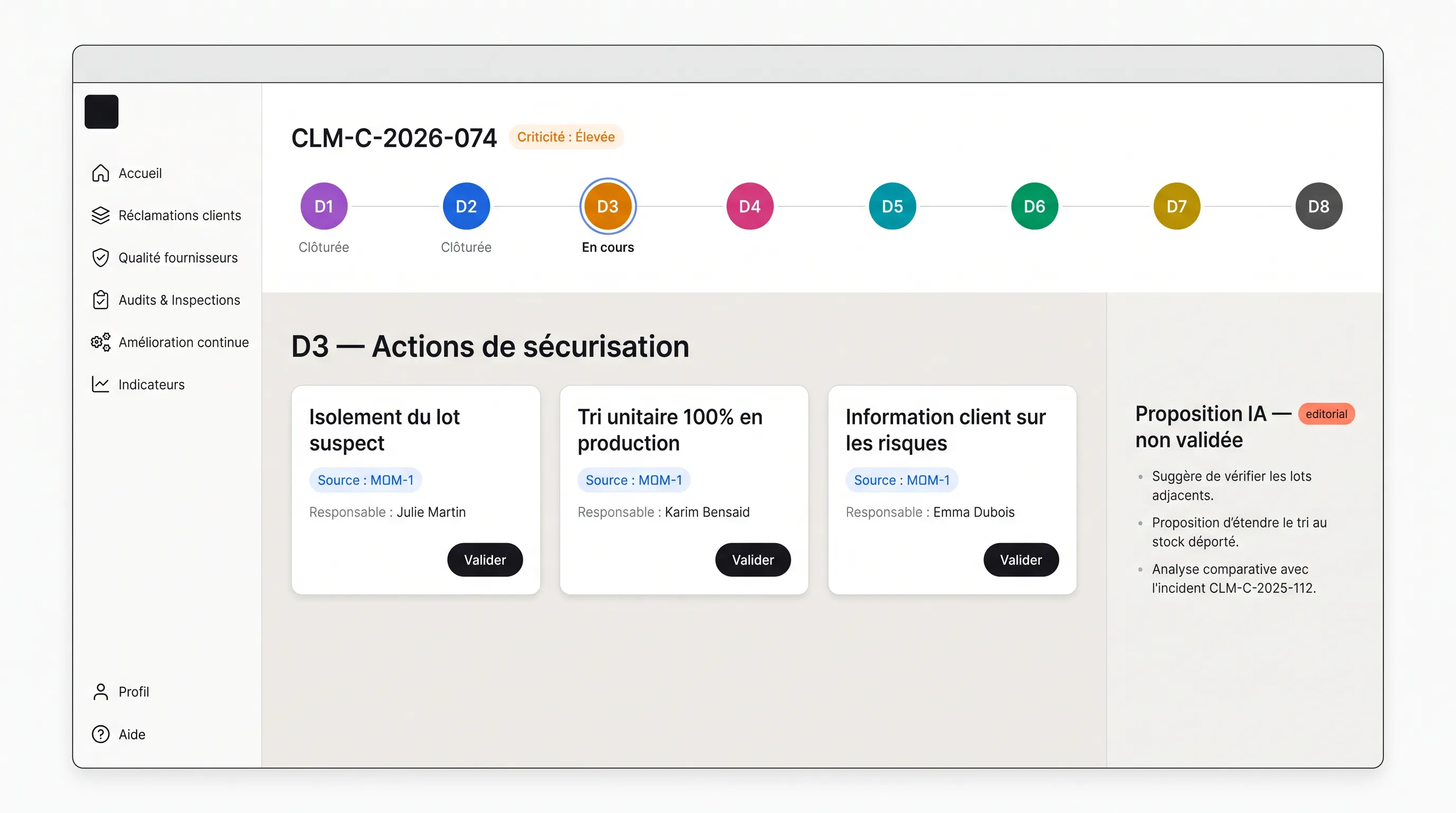 Illustration d'un dossier de réclamation 8D dans Kanriq : étapes D1 à D8 et propositions d'actions
