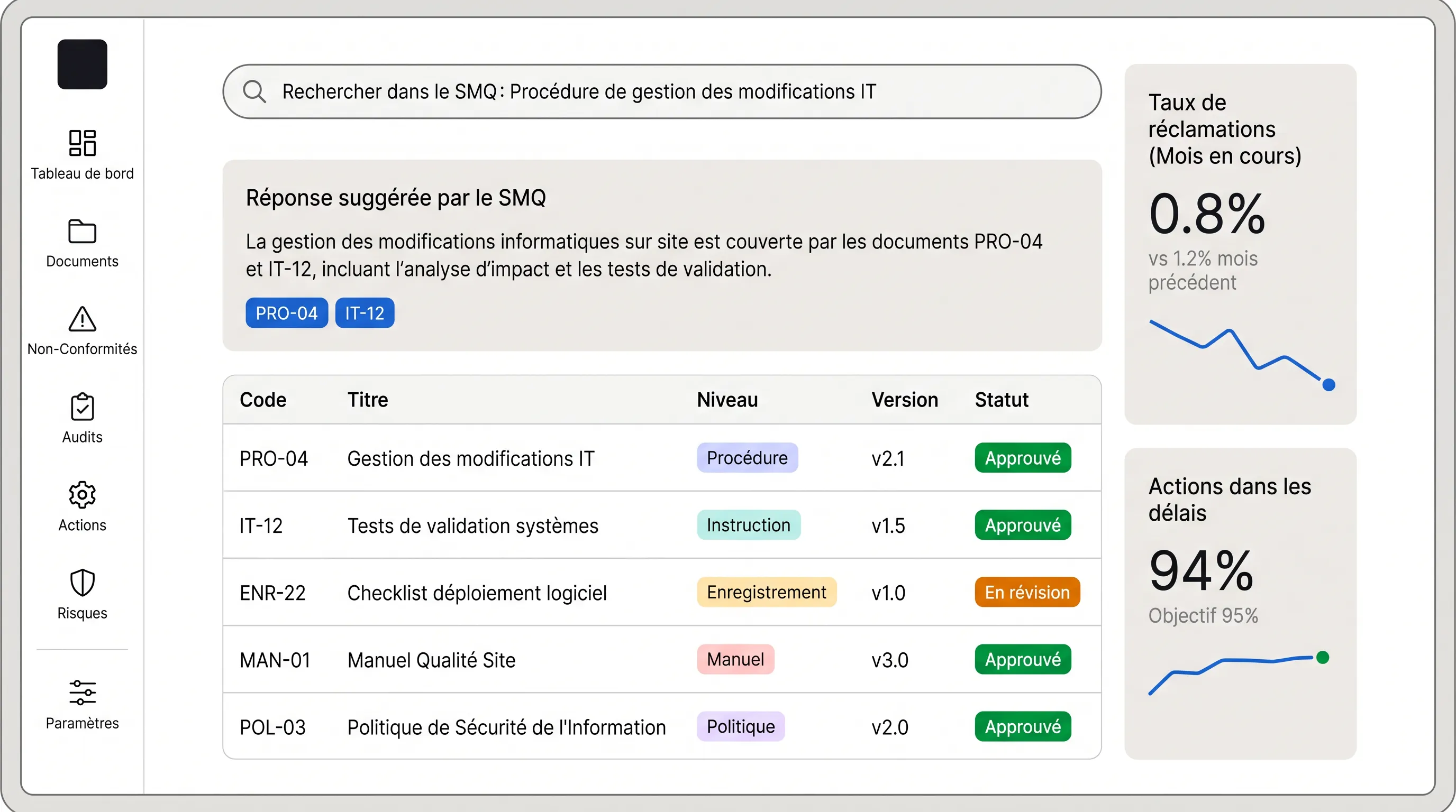 Illustration de la gestion documentaire dans Kanriq : recherche dans le SMQ, réponse citée et liste de documents