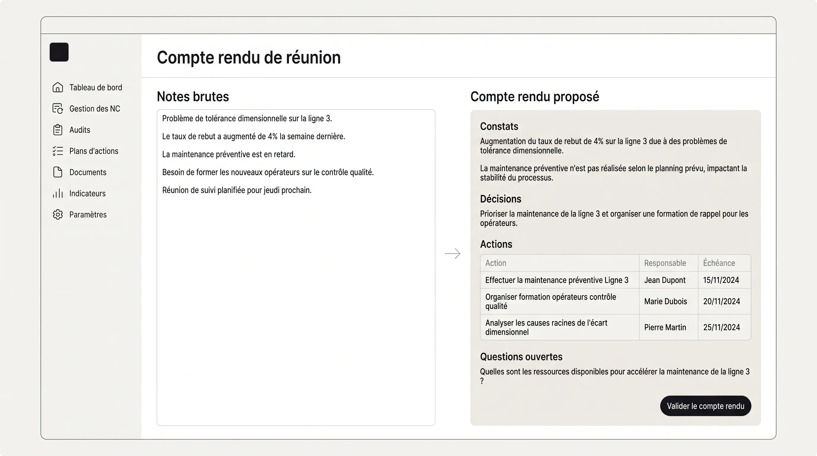 Illustration d'un compte rendu de réunion dans Kanriq : notes brutes, constats, décisions et actions